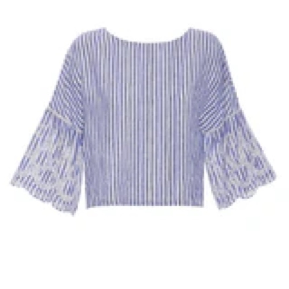 120% Lino Blue and White Stripe Linen Top with Cut Out Embroidered Bell Sleeves